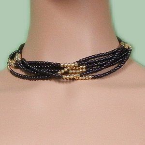 Vintage Black & Gold Colored 6 Strand Beaded Fashion Necklace/Choker ~ 16.5"